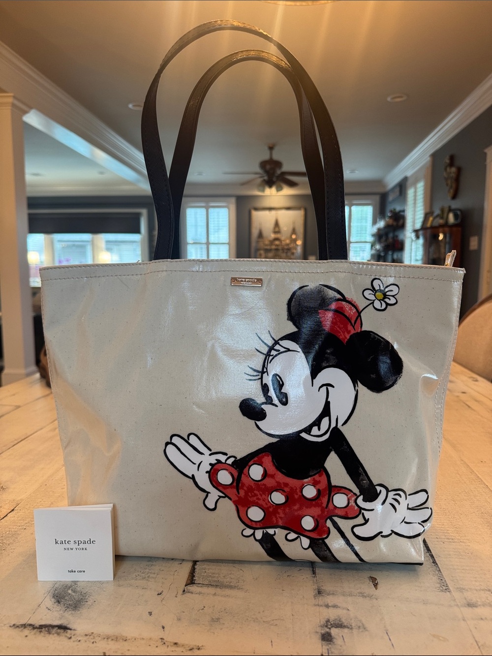 kate spade Cream Tote with Black Handles and Red Accents Minnie Graphic